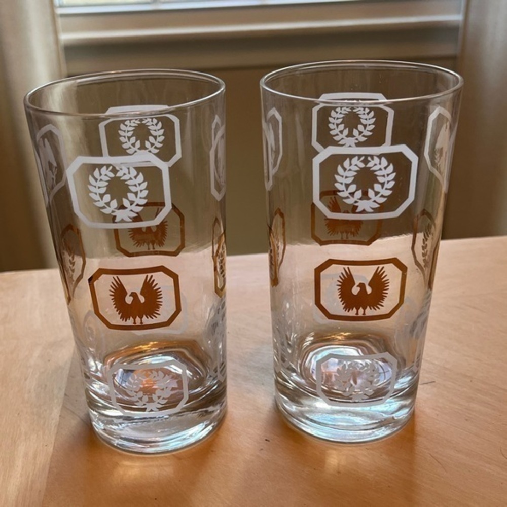 Highball Glasses Set of 2 Vintage Gold & White w/ Eagles Laurel Wreaths